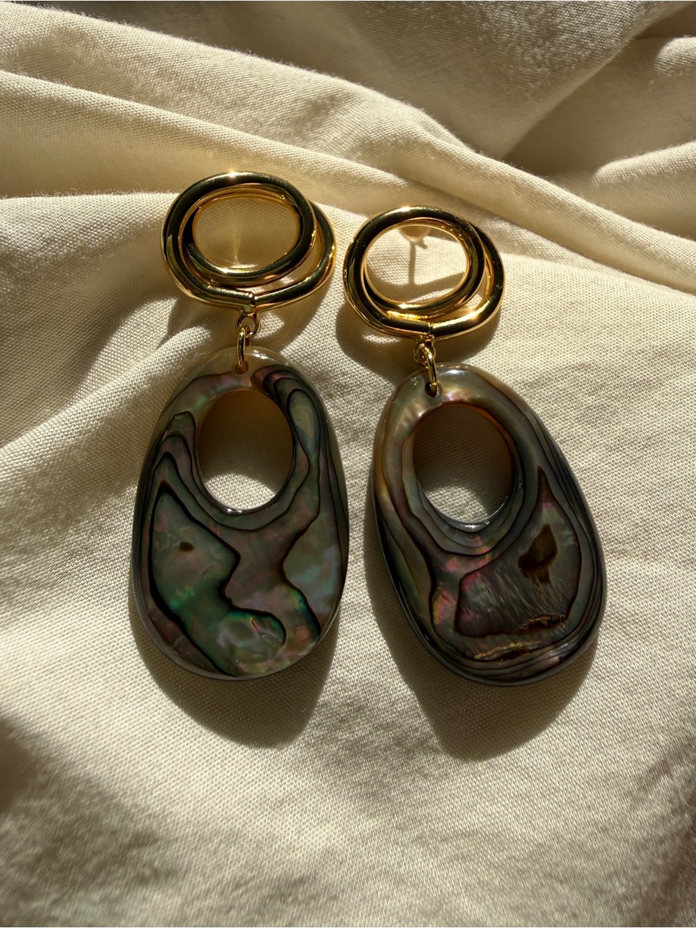 Chan Luu style Gold Hoop Earrings with Iridescent Abalone Drops
